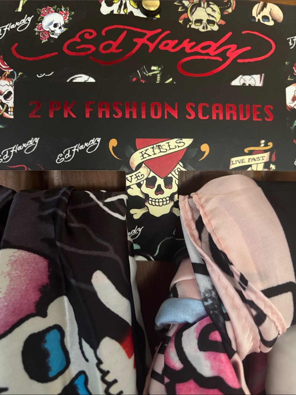 Ed Hardy Black and Pink Tattoo Motif 2 pack Scarf set - Picture 2 of 4